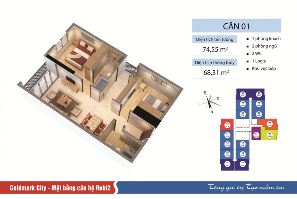 Thiết kế căn hộ 74.55 m2