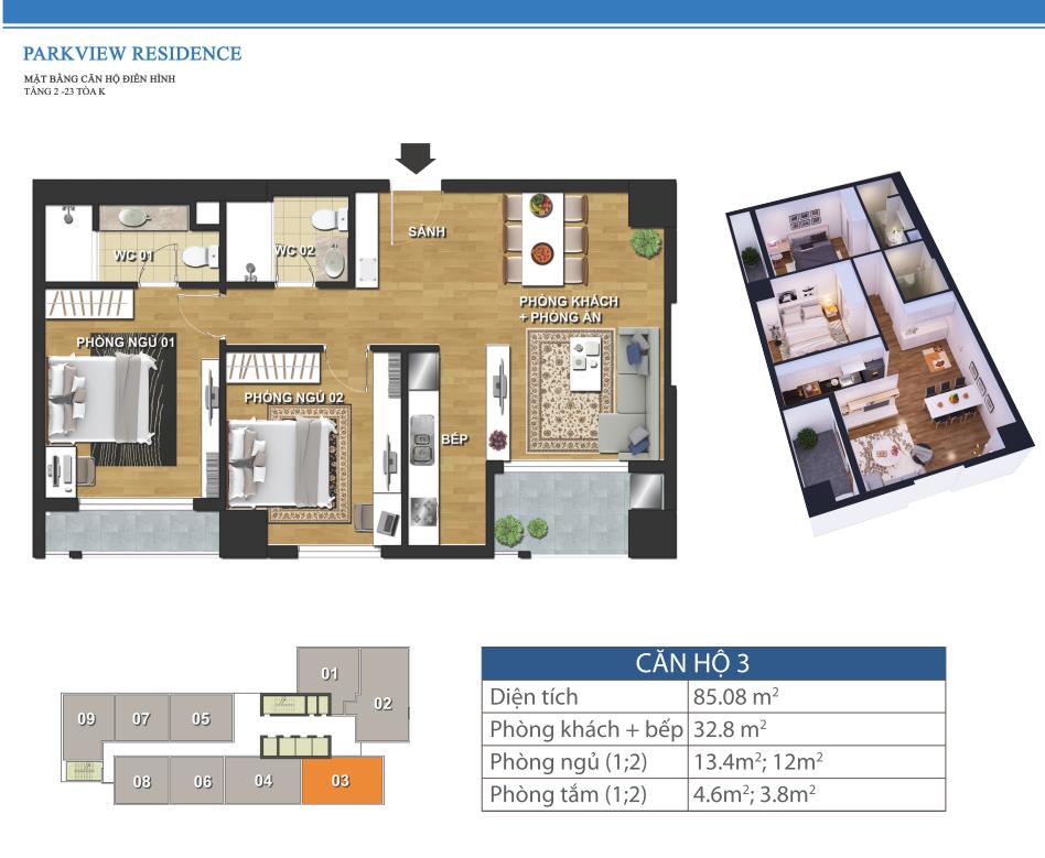 Thiết kế căn 3 - Tòa K