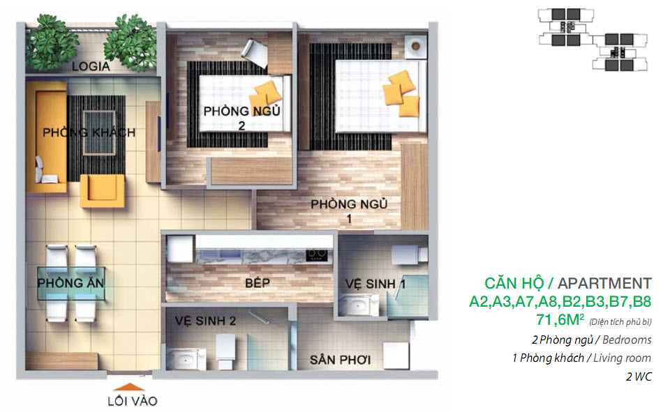 Thiết kế căn hộ A2, A3, A8, B2, B3, B7, B8