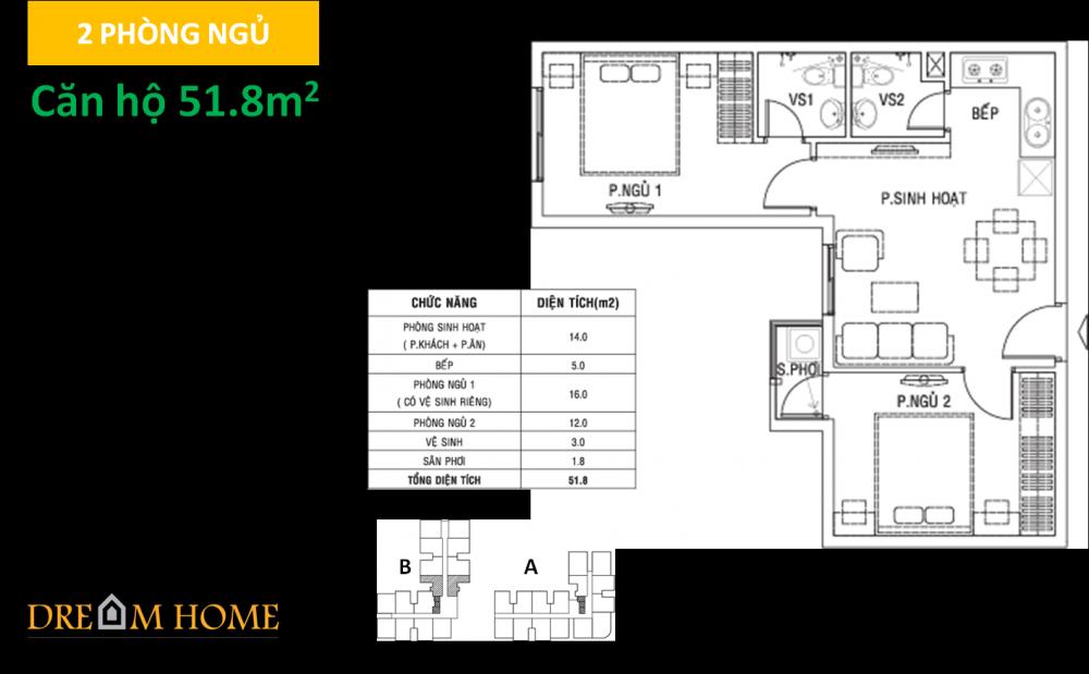Thiết kế căn hộ 51.8m2