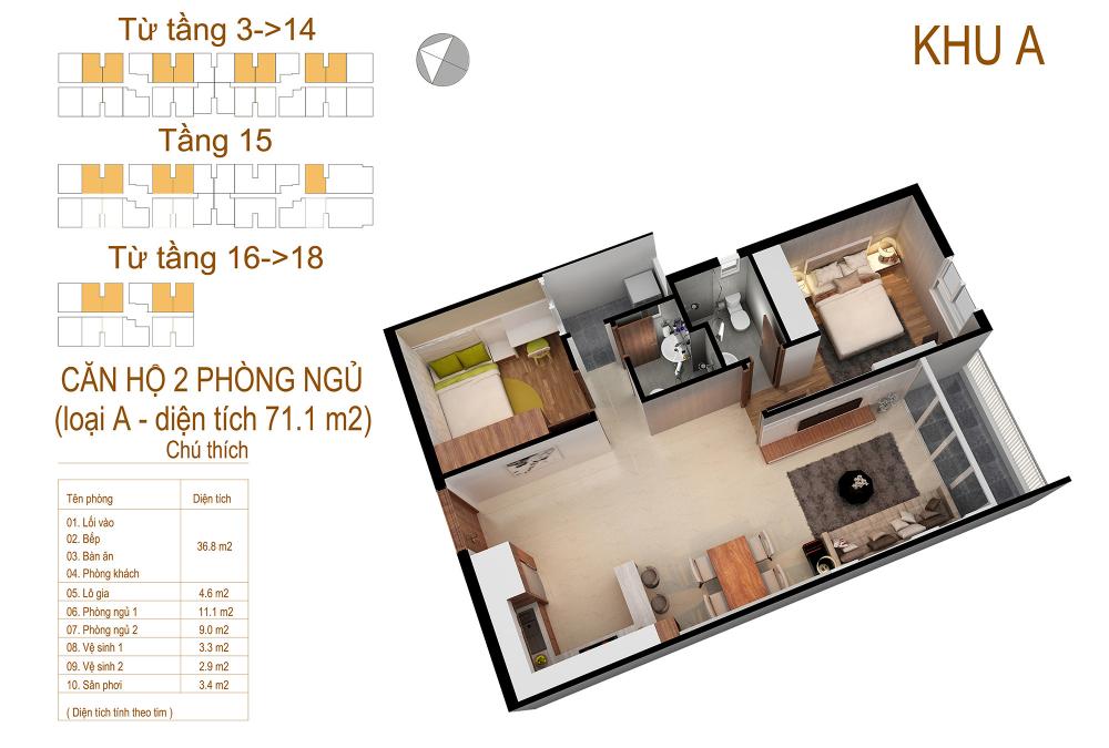 Căn hộ 2 PN loại A