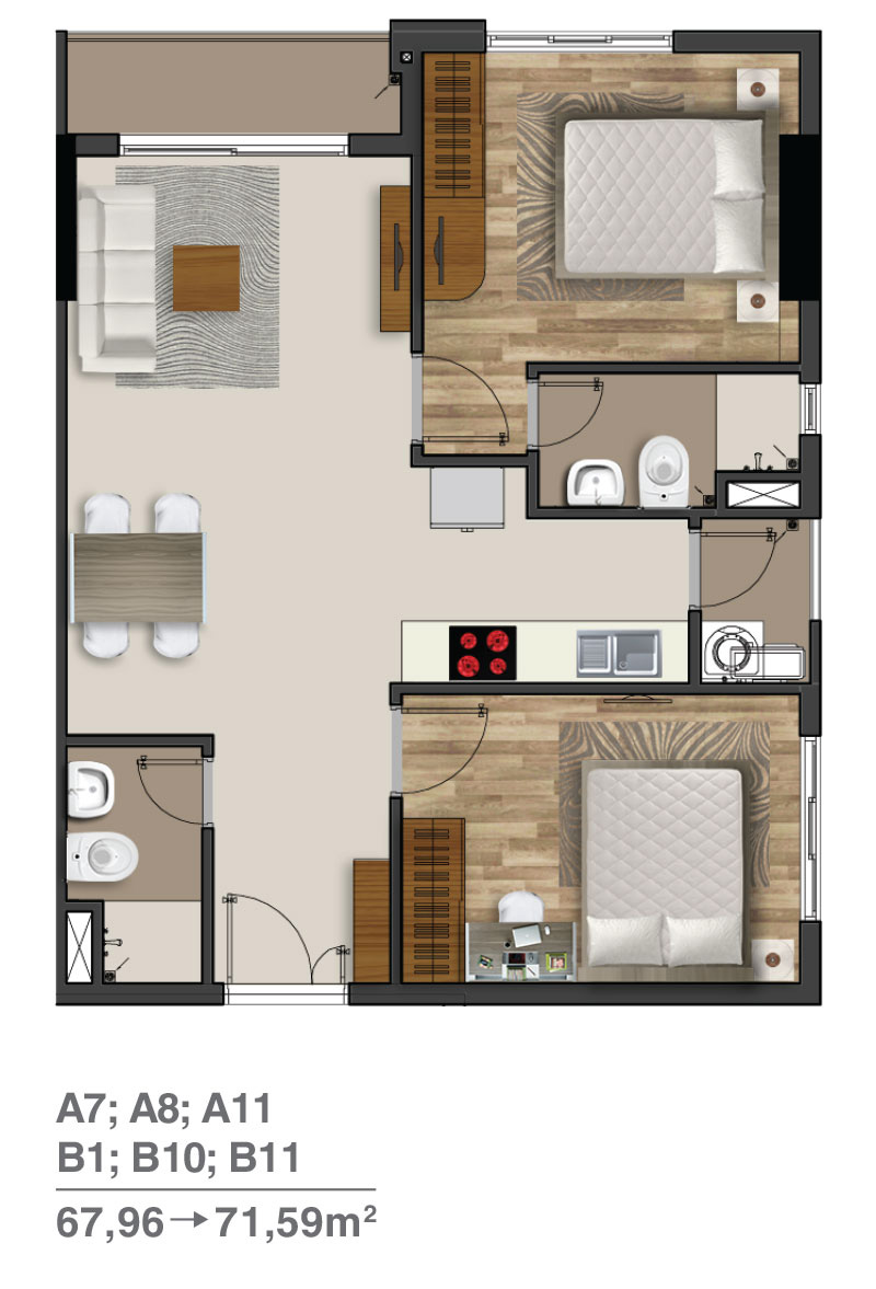 Thiết kế căn hộ A7,A8,A11,B1,B10,B11